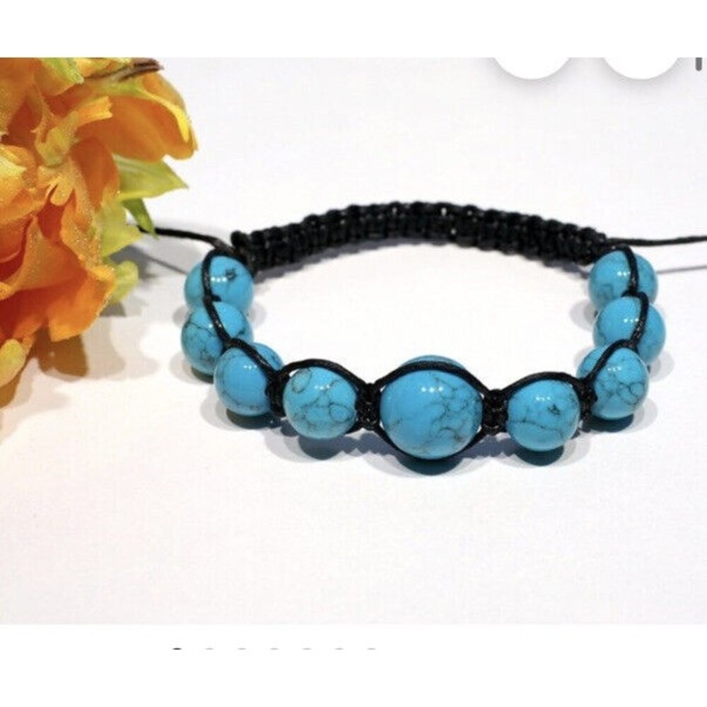 Beaded  Adjustable Bracelet Blue Turquoise 7" - 8.5" Inches Long Black Cord